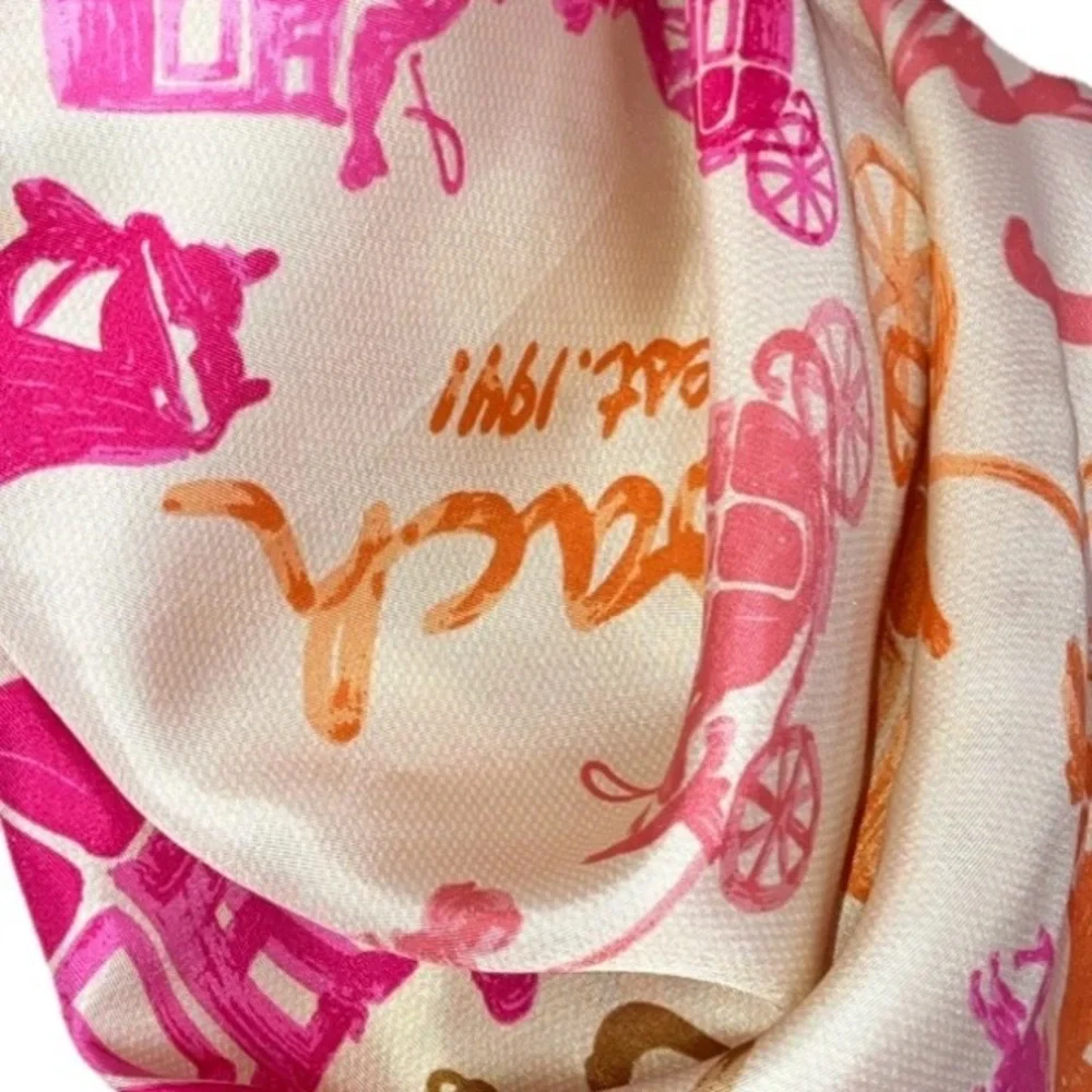 Coach Signature Horse & Carriage Printed Silk Print Square Scarf Womens Pink 26”